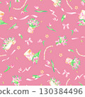 Seamless pattern with bouquet, template, box with bow pink tulips ribbons pearls, hand drawn in watercolor. 130384496