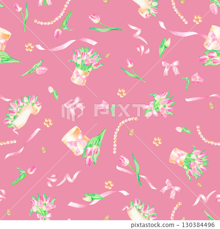 Seamless pattern with bouquet, template, box with bow pink tulips ribbons pearls, hand drawn in watercolor. 130384496