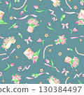 Seamless pattern with bouquet, template, box with bow pink tulips ribbons pearls, hand drawn in watercolor. 130384497
