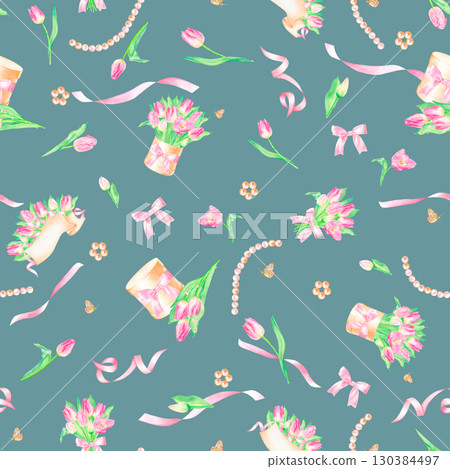Seamless pattern with bouquet, template, box with bow pink tulips ribbons pearls, hand drawn in watercolor. 130384497