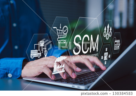 Supply Chain Management and Logistics System Concept. Person working on laptop with icons representing supply chain management, logistics, procurement, inventory, distribution, manufacturing processes Supply Chain Management and Logistics System Concept. Person working on laptop with icons representing supply chain management, logistics, procurement, inventory, distribution, manufacturing processes 130384583