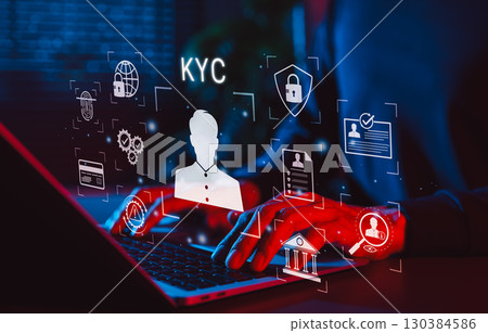 KYC Know Your Customer Identity Verification Concept. User types on laptop with KYC icons, identity verification, biometric authentication, data privacy, customer onboarding in financial technology KYC Know Your Customer Identity Verification Concept. User types on laptop with KYC icons, identity verification, biometric authentication, data privacy, customer onboarding in financial technology 130384586