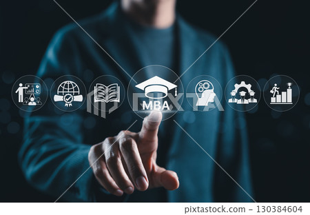 MBA Program Concept. Master of Business Administration. Businessman pointing MBA text and graduation cap icon, educational and professional development symbols representing business learning. 130384604