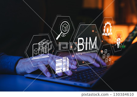 BIM Building Information Modeling Technology Concept. Hands typing on laptop with BIM tech icons, 3D modeling, architecture planning, AI, project collaboration, software, smart construction elements, 130384610