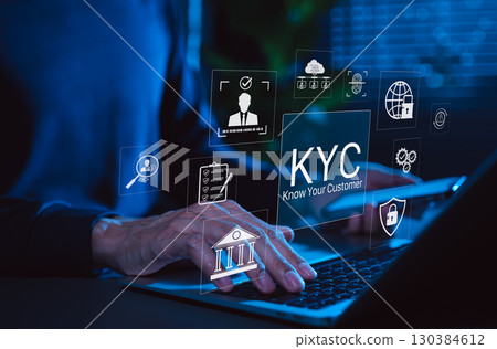 KYC Know Your Customer Identity Verification Concept. User types on laptop with KYC icons, identity verification, biometric authentication, data privacy, customer onboarding in financial technology KYC Know Your Customer Identity Verification Concept. User types on laptop with KYC icons, identity verification, biometric authentication, data privacy, customer onboarding in financial technology 130384612