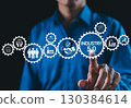 Industry 5.0 Concept. Businessman touching Industry 5.0, AI icons, smart factory, connectivity, advanced technology integration, human and machine collaboration, and future of industrial innovation. 130384614