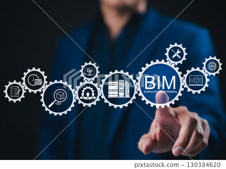 BIM Building Information Modeling Technology Concept. A professional interacts with BIM tech icons, 3D modeling, architecture planning, AI, project collaboration, software, smart construction elements 130384620