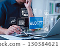 Budget and Financial Planning Concept. Businessman using calculator and laptop with icons representing budgeting, financial management, planning, annual expenses, personal budget, economic strategy, 130384621