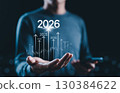 Future Growth and Business Projection to 2026 Concept. Person holds upward arrows and years from 2022 to 2026, business growth, trends, roadmap, objectives, goal setting, strategic future planning, 130384622