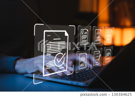 Document Review and Approval Process Concept. Person typing on laptop with icons representing document review, approval, quality checks, compliance, audit, checklist, certificate workflow management, Document Review and Approval Process Concept. Person typing on laptop with icons representing document review, approval, quality checks, compliance, audit, checklist, certificate workflow management, 130384625