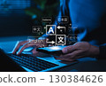 Multilingual Language Translation, Communication Concept. Man using phone with icons various languages, global language translate, multilingual technology, international connections, AI translator, 130384626