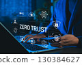 Zero Trust Security Concept. Businessman interacting with zero trust security icons, including fingerprint, padlock, cloud access, cybersecurity measures, data encryption, network access protection, 130384627