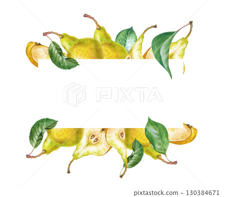A rectangular frame made of hand-drawn whole ones, slices of ripe pears and green leaves. Watercolor illustration on a white background. A botanical fruit template with an empty place to insert. A rectangular frame made of hand-drawn whole ones, slices of ripe pears and green leaves. Watercolor illustration on a white background. A botanical fruit template with an empty place to insert. 130384671