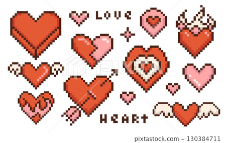 Pixel hearts set. Retro 8 bit abstract love symbols, pixelated romance, friendship heart icons, 2D pixel art game asset. Vector isolated collection. Broken heart with amour arrow valentine day sign. Pixel hearts set. Retro 8 bit abstract love symbols, pixelated romance, friendship heart icons, 2D pixel art game asset. Vector isolated collection. Broken heart with amour arrow valentine day sign. 130384711