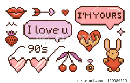 Valentine s day pixeled elements set, pixel art set, vintage 8 bit 80s - 90s arcade game style, dotted clipart templates, speech bubbles for social media, postcards, flyers. Retro vector illustration Valentine s day pixeled elements set, pixel art set, vintage 8 bit 80s - 90s arcade game style, dotted clipart templates, speech bubbles for social media, postcards, flyers. Retro vector illustration 130384713