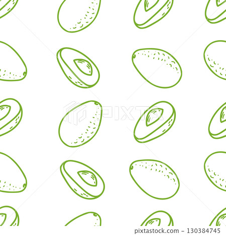 Avocado seamless graphic pattern in minimalistic style. Hand drawn green line art of whole Fruit and Cut Slices isolated on a white background. For product packaging, menu and fabric prints. 130384745