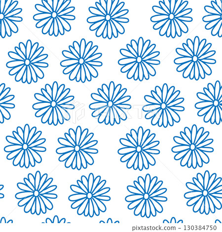 Chamomile, Aster floral seamless pattern. Hand drawn blue Daisy Flower illustration in simple Doodle style. For packaging, textile prints, wallpaper design. Chamomile, Aster floral seamless pattern. Hand drawn blue Daisy Flower illustration in simple Doodle style. For packaging, textile prints, wallpaper design. 130384750