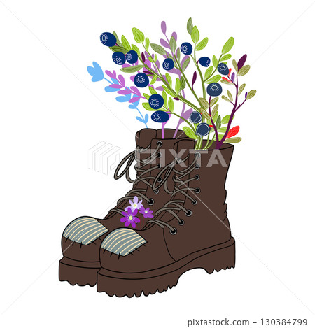 Illustration of hiking in the forest. Lost shoes with blueberries. Nature everywhere. Illustration of hiking in the forest. Lost shoes with blueberries. Nature everywhere. 130384799
