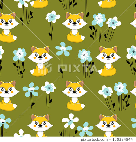 Seamless pattern with cute fox baby on color background. Funny forest animals. Card, postcards for kids. Flat vector illustration for fabric, textile, wallpaper, poster, paper 130384844