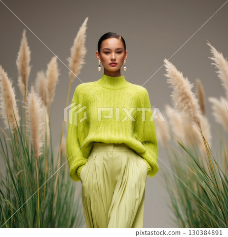 Professional fashion model posing confidently in a stylish lime green turtleneck sweater and matching wide leg trousers amidst tall pampas grass during a photoshoot 130384891