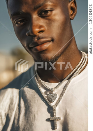 Stylish young man poses confidently showcasing his diamond encrusted cross and heart pendants hanging from sparkling tennis chains, reflecting the sunlight 130384898