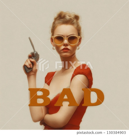 Stylish secret agent woman confidently holding a walkie talkie with folded arms, wearing sunglasses and a striking red dress, exuding a powerful aura with the word bad superimposed 130384903