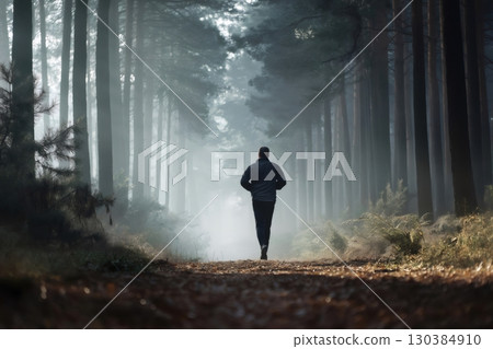 Jogging down a winding path in a misty forest, a man relishes the tranquility of nature while breathing in the fresh morning air, surrounded by towering trees and soft fog 130384910
