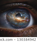 Close up of an eye reflecting a spiral galaxy, blending biology and cosmology while symbolizing the connection between microcosm and macrocosm, evoking awe about space's vastness 130384942