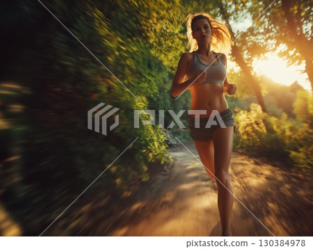 Fit female athlete running in sportswear along a scenic trail in the woods, enjoying an invigorating outdoor workout at sunset, captured with a dynamic motion blur effect 130384978