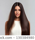 Split screen showing hair straightening treatment before and after, demonstrating the effectiveness of hair care products in improving hair health and shine 130384980
