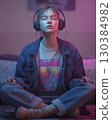 Serene young woman enjoying music through headphones, sitting in a meditative pose with a vintage cassette player and bathed in a vibrant neon glow, creating a nostalgic and atmospheric scene 130384982