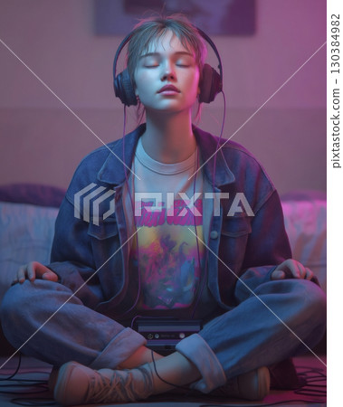 Serene young woman enjoying music through headphones, sitting in a meditative pose with a vintage cassette player and bathed in a vibrant neon glow, creating a nostalgic and atmospheric scene 130384982