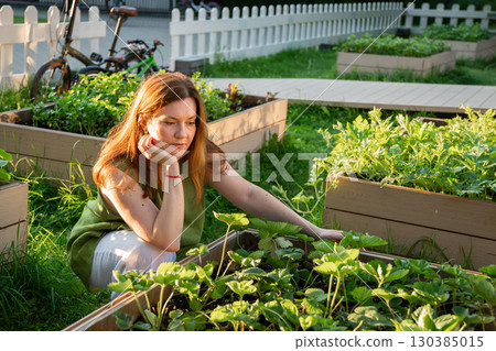 Woman in a green linen top tends to raised garden beds with strawberry plants under warm evening sunlight Woman in a green linen top tends to raised garden beds with strawberry plants under warm evening sunlight 130385015