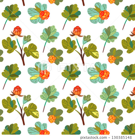 Pattern for textiles, stationery, or kitchen items. Berries and leaves of the northern orange cloudberry. Pattern for textiles, stationery, or kitchen items. Berries and leaves of the northern orange cloudberry. 130385148