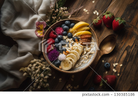 Oatmeal bowl with fresh fruits and nuts in a cozy daylight setting 130385186