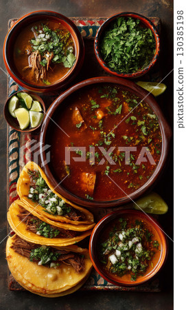 Delicious birria feast with tacos and consome served beautifully Delicious birria feast with tacos and consome served beautifully 130385198