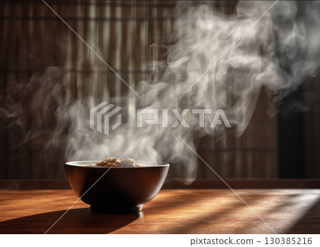 Comforting steam rises from a rich birria consome bowl at sunset 130385216