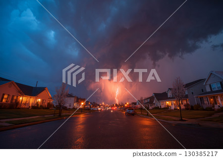 Stormy night over residential street with dramatic clouds and lightning 130385217
