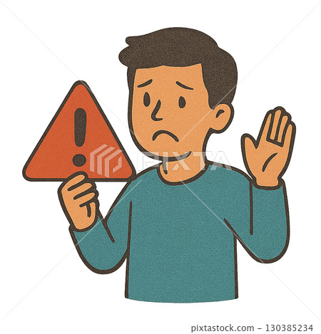 一名男子舉著警示標誌/警告，警報，請小心平面插圖 130385234
