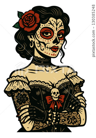 Mexican Catrina. Woman in costume for Day of the Dead. Vector isolated portrait 130385248