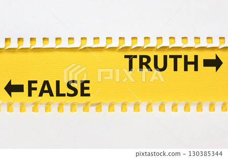 Truth or false symbol. Concept word Truth or False on beautiful yellow paper. Beautiful white paper background. Business and truth or false concept. Copy space. 130385344