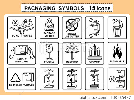 Cardboard box packaging symbol, fragile parcel package delivery label. Safety cargo logistic shipping. Handle with care, keep dry, not step, fire protect warning sign. Stack pack for storage vector 130385487