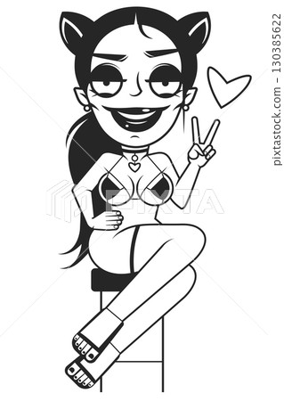 Hand-drawn girl with silky hair and luxurious eye with perfectly shaped eyebrows and full lashes. Idea for business visit card, typography vector. Perfect salon look. 130385622