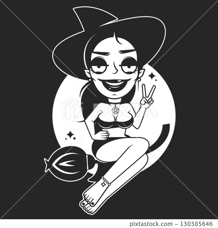 Vector witch flying on a broomstick on background. 130385646