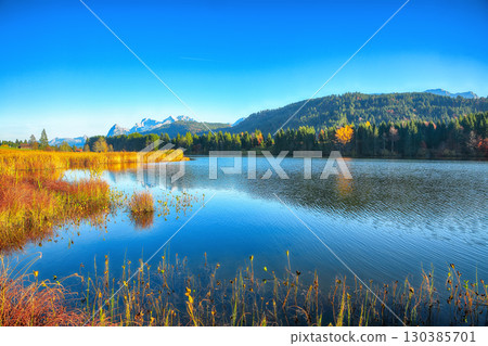 Fabulous view of Wagenbruchsee (Geroldsee) lake with  Wetterstein mountain range on background. 130385701