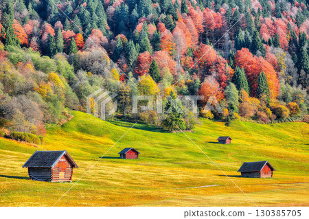 Fabulous view of alpine valley with wooden huts near Wagenbruchsee (Geroldsee) lake Fabulous view of alpine valley with wooden huts near Wagenbruchsee (Geroldsee) lake 130385705