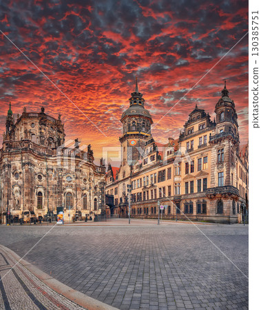 Amazing Cathedral of the Holy Trinity Hofkirche and Dresden Castle Hausmannsturm on Theaterplatz 130385751