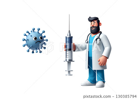 3d cartoon doctor character fighting giant virus cell with syringe, vaccine vs illness concept, fun health illustration 3d cartoon doctor character fighting giant virus cell with syringe, vaccine vs illness concept, fun health illustration 130385794