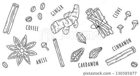 Hand drawn outline spices set 130385877