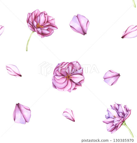 Seamless Pattern with Pink flowers and rose petals on a white background. Watercolor botanical background of flowers and cherry petals. Pattern with flowers for your designs, wallpapers, clothing 130385970